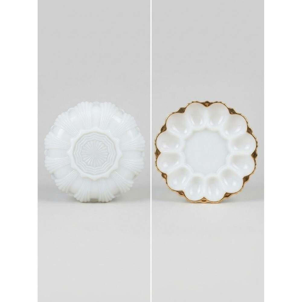 Vintage Anchor Hocking Milk Glass Deviled Egg Plate, W/Gold Trim